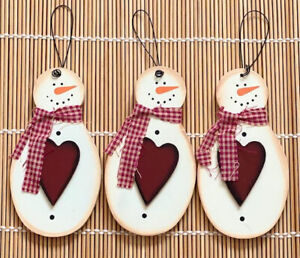 3 Wood Cut Out Sign Country Primitive Snowmen with Red Heart 3D Ornaments