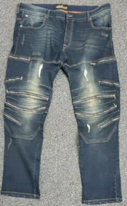 Copper Rivet Men Size 40 34 Distressed Dremeled Moto Dark Blue Jeans Zippers EUC - Picture 1 of 11