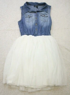 Zuyie Girls Blue White 2 Pocket Kids Dress Large Sleeveless Denim & Lace M31 - Image 1 of 4