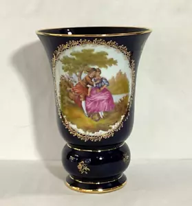 Vintage 70’s Veritable Limoges “Fragonard" France Cobalt Blue/Gold 9” Tall Vase - Picture 1 of 8
