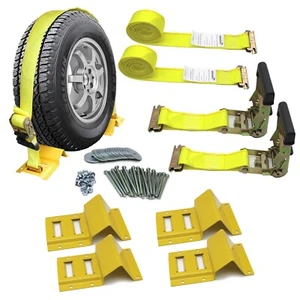 2 Wheels 2" x 8' Wheel Chock Tire Strap Tie Down Kit for Trailer ATV UTV RZR - Picture 1 of 11