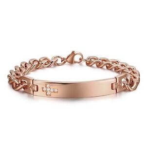 Rose Gold Plated Stainless Steel 8" Cuban CZ Cross Bracelet Free Engraving