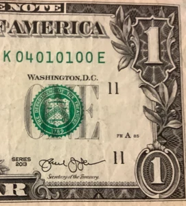 ⭐️Billete de un dólar trinario de 5 años ☆ 04010100 ☆ Número de serie elegante - Imagen 1 de 5