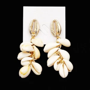 Beige Conch Shell Earrings Drop Gold Plated Cowrie Stud Women Girl Earrings - Picture 1 of 4