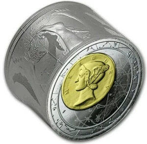 2014 $25 Niue FORTUNA REDUX MERCURY Cylinder Shape 3 Oz Silver Gilded Coin. - Picture 1 of 8