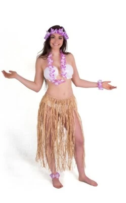 Conjunto de 4 piezas hawaiano - Top de bikini con caparazón blanco, falda de hierba tostada y 2 flores azules de Lei... Foto 1 de 4