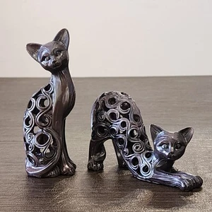 Set of 2 Reticulated Ceramic KITTY CAT FIGURINES 5.5"/3.5" Sitting Stretching  - Picture 1 of 12