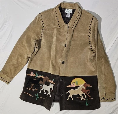 Chaqueta de Cuero Quacker Factory L Western Horse Desert Abrigo de Gamuza Bordado Foto 1 de 4