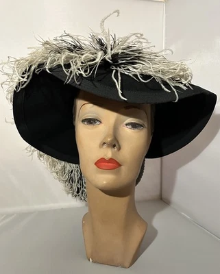 Glenover Henry Pollack NY Black 100% Wool Felt Wide Brim Ostrich Feather Hat - Image 1 of 4