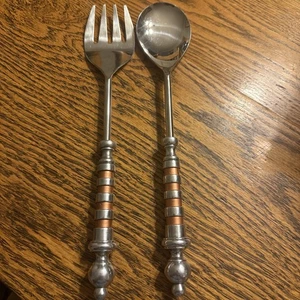 Decorative Ornate Salad Serving Set Spoon Fork Heavy Silver And Copper Tones - Picture 1 of 5