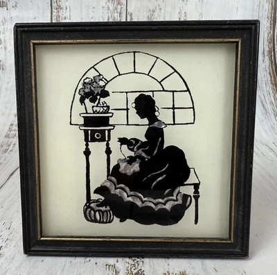 Vintage Reverse Paint Foil Silhouette Picture Victorian Lady Jewelry Framed - Image 1 of 4
