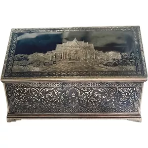 antique silver niello box rare engraved Buddhist marble temple Siam Thailand - Picture 1 of 19