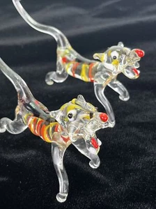 2 Vintage Tigers Hand-blown Murano Style Art Glass Animals Figurine 6" - Picture 1 of 8
