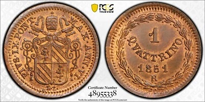 Quattrino 1851 R Papal States Anno VI GRADUACIÓN PROFESIONAL MS64 RB rojo marrón pop 3/0 más fino 4798 Foto 1 de 4