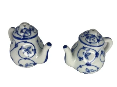 Teapot Salt & Pepper Shakers White & Blue Pattern Porcelain - Image 1 of 4
