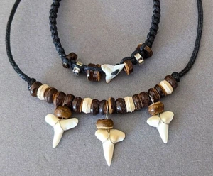 Shark Tooth Necklace Bracelet Mens Boys Set Triple Teeth Brown White Wood Beads - Picture 1 of 6