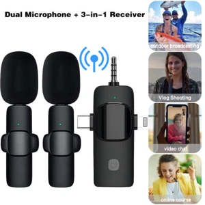 3 in 1 Lavalier Wireless Microphone Audio Video Recording Mic For iPhone Android - Picture 1 of 14