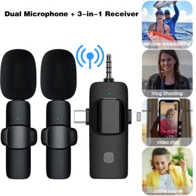 3 in 1 Lavalier Wireless Microphone Audio Video Recording Mic For iPhone Android