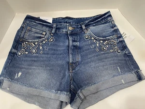 NWT H&M Denim Blue Jean Shorts 12 Cuffed High Waisted Rhinestones Button Front - Picture 1 of 7