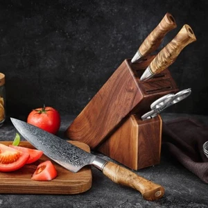 Damastmesser Set mit Berg Ahorn Holzgriff  (3 Messer), Küchenmesser, Geschenk - Bild 1 von 9