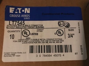 10 Eaton Crouse-Hinds LT7545G flüssigkeitsdicht 45 Grad Connect mit Erdungsöse, 3/4" - Bild 1 von 1