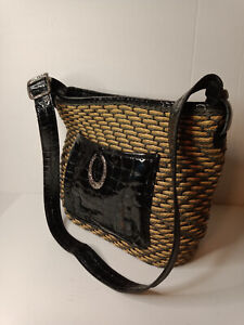 Brighton Purse Jute or Rope Weave Brown  with Black Patent Leather Shoulder Bag