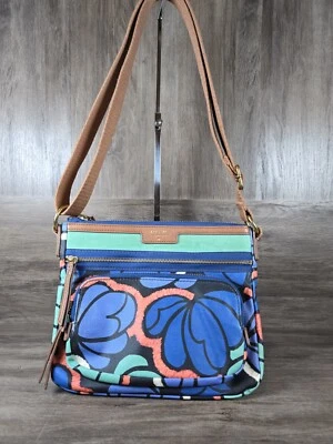 化石花卉蓝色斜挎包涂层可调节肩带拉链闭合大量口袋 — 第 1/4 张图片