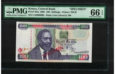 Kenya p-48a, UNC, 100 Shillings, 2005, SPECIMEN !! PMG Graded 66 EPQ, TOP POP !! - Image 1 of 2