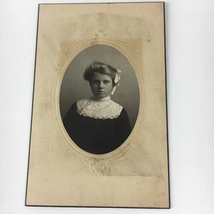 Antique Vintage Cabinet Card Photo Beautiful Girl Hair in Bow Collared Dress  - Picture 1 of 4