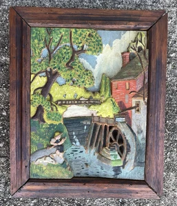 Antique Folk Art Carved Plaque 1920s Boy Fishing River Mill Horse American - Picture 1 of 24