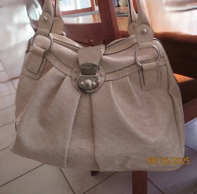 Vintage Y2K GUESS Faux Croc Beige Satchel Bag w/ Studs Double Handle - Image 1 of 4