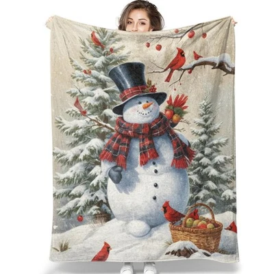 Boneco de neve aconchegante de lã com cardeais vermelhos e cobertor xadrez - Imagem 1 de 4