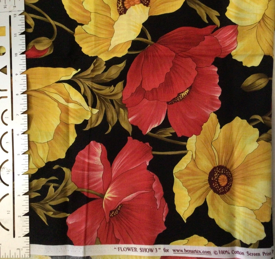 Benartex Flower Show 3 Poppies on Black Cotton Fabric 1 Yard - Image 1 of 1