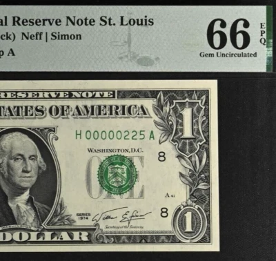 1974 $1 Federal Reserve Note PMG 66EPQ gem birthday low serial number 00000225 - Image 1 of 3