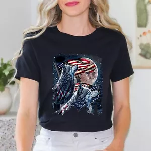 Wolf 4th of July American Flag Howling Wolves Under Moon Unisex T-Shirt - Picture 1 of 22