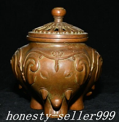 6.6" Antigua Dinastía Púrpura Bronce Elefante Animal 3 Patas Quemador de Incienso Censario Foto 1 de 4