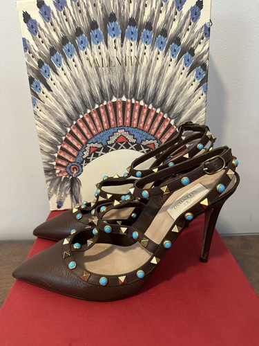 VALENTINO GARAVANI ROCKSTUD CINTURINO ALLA CAVIGLIA DÉCOLLETÉ MARRONI CIOTTOLI 40 10