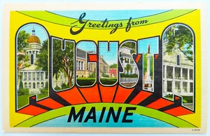 Saluti Augusta Maine Cartolina Vintage Lino Viaggio Retrò Edilizia Turismo - Foto 1 di 2
