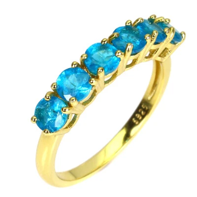 925 Argento Sterling Rotondo Apatite 4mm 14K Giallo Placcato Oro Misura Anello 6 - Immagine 1 di 4