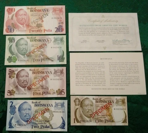 BOTSWANA 1979 1 - 20 Pula Complete 5 Specimen Set CS1 P 1-5 UNC 003436 COA Cover