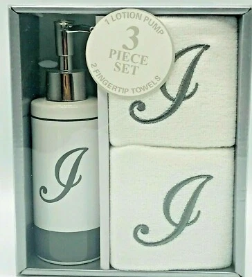 Avanti Script Monogram 3-Pc. Cotton Lotion Pump Fingertip Towel Gift Box Set "J" - Image 1 of 2