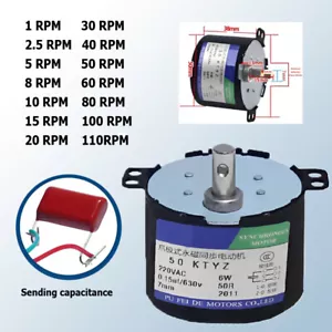 Motor síncrono 220V 110V CA 6W 50KTYZ 1-110rpm/min CW/CCW imán permanente - Imagen 1 de 13