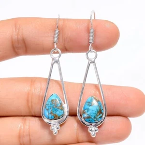 Natural Turquoise Gemstone Earrings Handmade 925 Sterling Silver Dangle Jewelry - Picture 1 of 2
