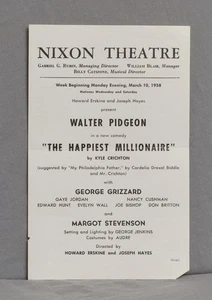 Program Card The Happiest Millionaire Mar.1958 Nixon Theatre Pittsburgh Vtg - Picture 1 of 2