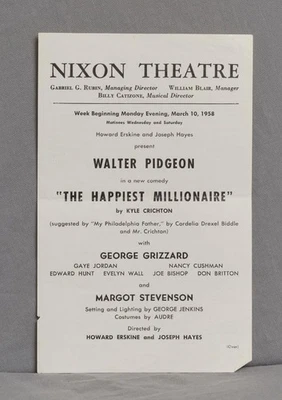 Program Card The Happiest Millionaire Mar.1958 Nixon Theatre Pittsburgh Vtg - Image 1 of 2