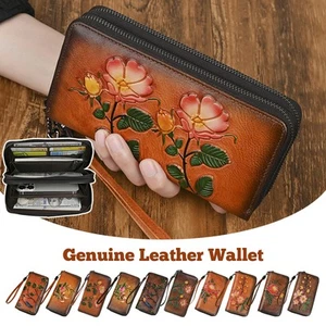 Retro Genuine Leather Women Long Wallet Double Zip Embossed Floral Pattern Purse - Picture 1 of 32