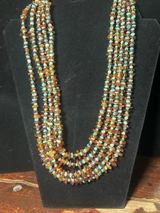 Sterling Silver Mine Finds By Jay King 5 Strand Amber Chip & Turquoise Necklace - Picture 1 of 9