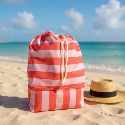 Victoria's Secret Pink Coral Stripe Drawstring Backpack 2-in-1 Cooler - Image 1 of 4