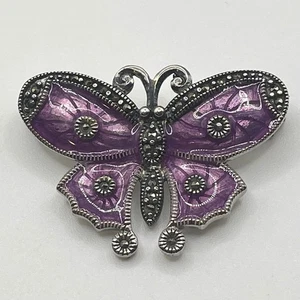 Vtg 925 Sterling Silver Thailand Purple Enamel Marcasite Butterfly Brooch Pin - Picture 1 of 5