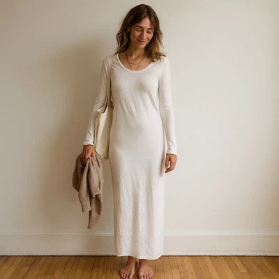 Raquel Allegra Jerry Dress Womens XS 0 White Long Sleve Midi Quiet Luxury - Image 1 of 4